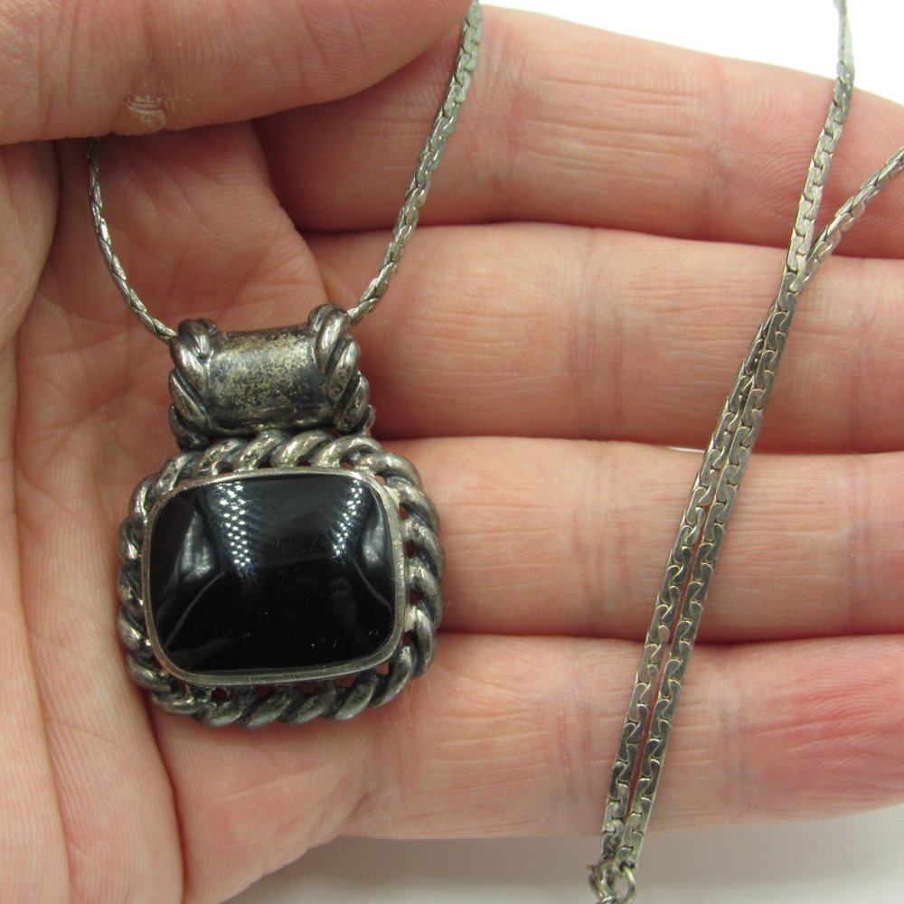 18" Sterling Silver Rustic Black Inlay Necklace - Picture 2 of 6